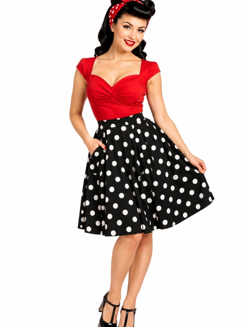 Grace Karin NEW Pin Up Black White Pleated Polka Dot Retro Midi Skirt Size S